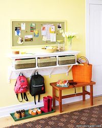 A neat row of Shaker-style pegs reinforces the idea that knapsacks and totes need to be hung up, rather than thrown on the floor.