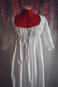 Here is a nice, simple 1805 - 1820 women's Regency day dress design. Made in 100% cotton muslin with a double layered bodice, single layered skirt and a front drawstring closure for the neckline and underbust, this dress is perfect for all those warm days found in spring, summer, and early fall. I do have variations in color, print and fabric type, and will be eventually added in as variations to the listing as work and school allow for me the time to finish them. If you are interested in those