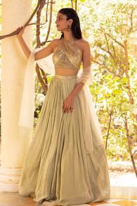 Buy Basanti - Kapde Aur Koffee Green Raw Silk Halter Neck Choli Lehenga Set Online | Aza Fashions