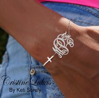 Celebrity Style Sideways Cross Bracelet with Monogram Initials Charm - Order Your Initials - Sterling Silver