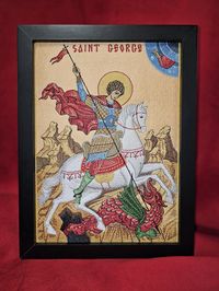 **Product Description **Handmade 8x11 St. George And The Dragon Embroidered Orthodox Icon - Religious Art, Christian Home Decor** Elevate your home with the profound symbolism of this exquisite 8x11 embroidered icon depicting St. George and the Dragon. This handmade piece beautifully captures the legendary scene, rich in spiritual and historical significance. **The Story of St. George and the Dragon The story of St. George and the Dragon is one of the most enduring and powerful legends in Christ