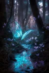 The image captures a magical scene deep within an enchanted forest. A large, luminescent butterfly hovers over a small stream, its wings shimmering with soft blue light. The surrounding trees are bathed in the gentle glow of the butterfly, with smaller glowing creatures fluttering around, adding to the ethereal atmosphere. The scene is serene and otherworldly, as if stepping into a dream where nature and magic intertwine.