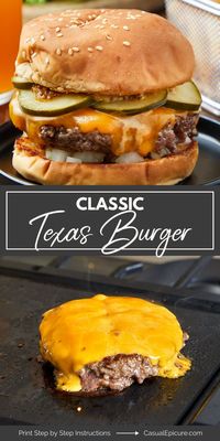 Sink your teeth into a true Lone Star State legend with this Authentic Classic Texas Burger recipe. Featuring juicy, fresh ground beef patties, this burger stays true to its roots with no BBQ sauce or slaw in sight. Instead, it's adorned with tangy mustard, melty cheese, and crisp pickles. Easy to make and bursting with that original Texas taste, it's the best way to bring restaurant-quality burgers to your dinner table.