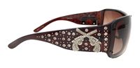 Montana West brand ladies western style sunglasses with crossed pistol concho decorated with rhinestones. Features: Rectangular shaped frame 100% UV 400 protection Comes with cleaning cloth and hard case with magnet closure