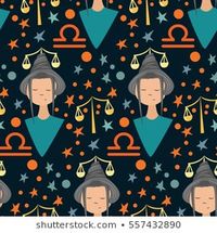 Zodiac signs Libra. Vector illustration of cute girl. Pattern with girl face, sign and star