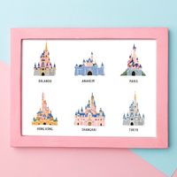 "Castles Collection" art print featuring all 6 different castles from each of the Disney parks.This is a physical art print.- Dimensions for this physical print 8.5" x 11".- Matte, thick 16 pt cardstock.- Full color printed item.- Item will be shipped in a hard, cardboard flat mailer.Color Disclaimer: Actual colors may