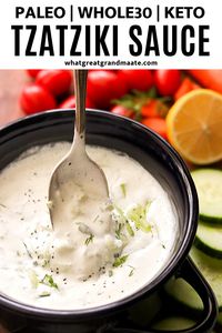 This 5-minute Whole30 tzatziki sauce is fantastic as a dip for veggies or drizzled over meat dishes! It's low carb and dairy free, but tastes so tangy and authentic. #tzatzikisauce #whole30tzatzikisauce #whole30 #keto #lowcarb #paleo #dairyfree