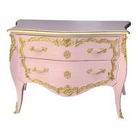 Beautiful Pink Chest of drawers dresser Rich in Bronze Ormolu Real wood Dovetailed two drawers. Edge is gilded in real 24k gold leaf. The second drawer has a crack can be fixed with filler. Please check pictures for one scratch on the left side of the drawer. Dimensions : Width 48" x Depth 23" x Height 35"