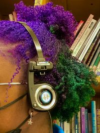 curly purple and green hair, koss headphones