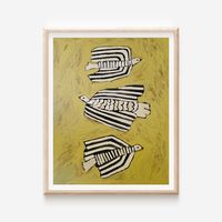 Three Striped Birds print depicts an original painting by artist Alex Bodishbaugh King. Three abstract birds with black and ivory stripes are painted against a lush yellow background.