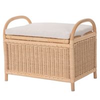 Embrace the natural beauty and functional appeal of the Bay Isle Home™ Rattan Trunk Bench, a charming addition to any home. This handcrafted bench is constructed from sustainable rattan, a renewable resource known for its strength, durability, and attractive woven texture. Its compact size makes it ideal for entryways, living rooms, bedrooms, or playrooms. The bench features a comfortable and removable seat cushion, crafted from soft, durable fabric that complements the natural rattan frame. Whe