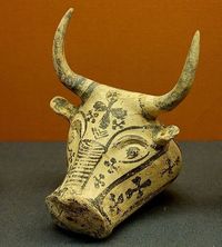 Mycenaean terracotta rhyton in the shape of a bull’s head, 1300 –1200 BC (Late Helladic IIIb): found in a tomb on Karpathos