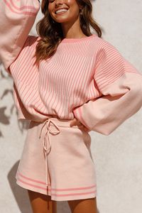 Gradient Stripe Puff Sleeve Sweater Shorts Set