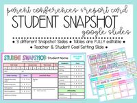 Use this Student Snapshot Google Slide to focus your grades and observations on a student, guide discussion, and present during virtual Parent Teacher Conferences!Organize all of your data, notes, and thinking around student report cards onto 1 slide per student!This also includes a student and teac...