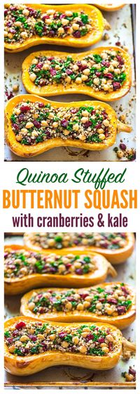 Delicious, healthy Quinoa Stuffed Butternut Squash with Cranberries, Kale, and Chickpeas. An easy, satisfying, vegetarian side dish recipe that’s perfect for fall! #vegetarian #sidedish #recipe #healthy #cleaneating