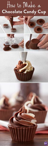 How to Make a Chocolate Candy Cup - Learn to make irresistible chocolate candy cups. Just melt Wilton Light Cocoa Candy Melts and pour into a cupcake candy mold. Refrigerate until they harden and viola! Fill chocolate candy cups with mousse or candies to serve as dessert or party treats.