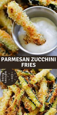 Zucchini fries oven baked with Japanese panko bread crumbs and Parmesan cheese. Serve these crispy zucchini French fries with ranch dressing as a healthy and low calorie snack.