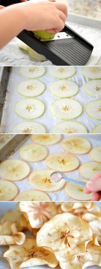 apple cinnamon chips: sprinkle with sugar & cinnamon then bake at 225 for an hour.