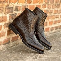 Stunning Moc-Toe boots by Civardi with a Goodyear-welted commando sole! The Eaves design is handcrafted in an embossed croco leather, providing a cost-effective alternative to exotic skins. You can also customize this design and choose from a huge selection of soles & materials. Free worldwide shipping on all orders! #crocoboots, #customboots, #moctoe