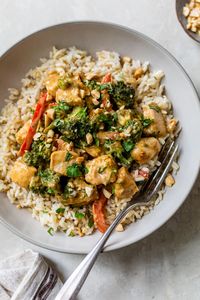 Tender chicken and vegetables are stir-fried to perfection, then paired with a creamy peanut sauce in this easy peanut butter chicken recipe!