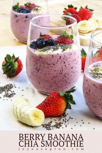 Berry Banana Chia Smoothie - a delicious, healthy and quick breakfast smoothie beverage! Strawberries, blueberries, bananas, and vanilla yogurt and milk blended together to make this delicious drink for busy mornings! #smoothie #drinks #beverage #healthy #breakfast #recipe #joyousapron