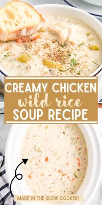 Creamy Chicken Wild Rice Soup has been a family favorite soup recipe for years! Warm, comforting chicken soup with wild rice, carrots, celery, and shredded chicken in a creamy soup. This slow cooker soup recipe is a dump & go crock pot recipe that cooks all day and makes the most tender, perfectly flavored chicken.