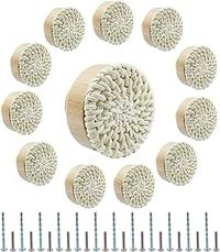 suiwotin 12pcs Rattan Dresser Knobs Boho Knobs, Natural Wood Wicker Woven Drawer Knobs, Wooden Knobs Decorative Cabinet Knobs Pulls Handles for Pantry, Cupboard, Furniture Knobs (White, Large)