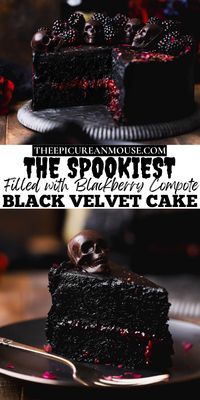 Black velvet Halloween cake is a two layer rich chocolate cake with a moist, velvety texture. It's filled with sweet blackberry compote and frosted with black cocoa buttercream. Fresh blackberries and chocolate skulls top this luscious cake, making it perfectly balanced and incredibly decadent.