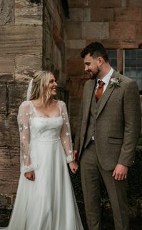 Satin wedding dress, long bishop sleeves, luxurious boho wedding dress, cheshire wedding dresses Daisy inspired wedding dress, sqaure neck, lace bodice, modern lace, long sleeves, a line, chantilly lace, matching veil, Congleton, Cheshire, Amy Mair Couture Ann Marie Faulkner