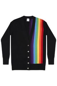 Black V-Necked Cardigan in the softest mid guage 100% cashmere with a rainbow stripe over one shoulder