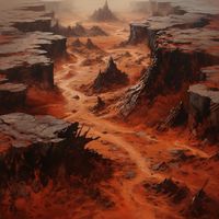 A top - down view of a desolate wasteland of red sand and sharp black jagged rocks