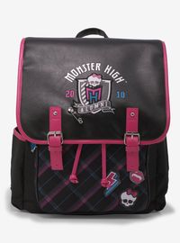 Creep around Monster High with this scary cute backpack! This Monster High slouch backpack comes in Monster High colors  with the alumni logo on the flap and additional icons on the plaid front pocket. Includes a front flap with a double buckle design  padded back and straps  side pockets and an interior laptop pocket.