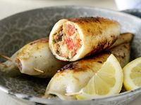 Squid stuffed with feta, parsley and chorizo - Fresh tender squid is beautiful served wrapped around a creamy, salty feta and chorizo filling. Serve with a squeeze of lemon juice for a light Summer meal or a gourmet starter.