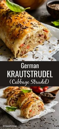 German Krautstrudel is a delightfully easy savory cabbage roll, perfect for the season. With soft sauteed strands of cabbage, the smoky flavor of bacon and savory crunch of caraway seeds; all wrapped in a delicate, flaky crust. It's a treat friends and family will love. German Krautstrudel: An Easy Savory Cabbage Roll | 31Daily.com #cabbage #cabbageroll #germanfood #31Daily