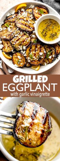 This healthy Grilled Eggplant with Garlic Vinaigrette is the vegetable side dish you need in your life! Tender eggplant slices are smothered in a savory garlic dressing and topped with crumbles of feta cheese. #grilledeggplant #eggplants #easysidedish