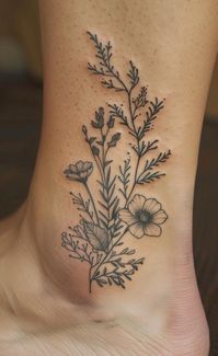 Discover the serene beauty of nature inked on skin with this exquisite botanical tattoo, embodying the wild and free essence of the earth. Cherish this art, save & follow for more inspiration. This ankle-adorned masterpiece showcases a delicate ensemble of wildflowers and herbs, including the poignant poppy. Each stroke celebrates life's intricate details and the resilience found in the natural world. Admire the finesse of black ink, capturing the spirit of flora in permanent bloom.  #BotanicalT