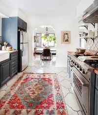 White oversize Moroccan tile instead of terra cotta? California Country_Kitchen_Emily Henderson_blue wood concrete tile open shelving causal_4