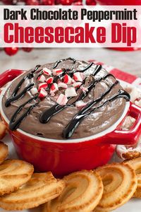 EASY Christmas dessert! This NO BAKE cheesecake dip will be a hit at your holiday party or potluck. Peppermint bark meets fluff dip in this 5 ingredient dark chocolate peppermint cheesecake dip recipe. Serve with cookies, pretzels or even as a cream cheese fruit dip. #peppermint #cheesecake #dips #desserts #christmas #holidays #nobake