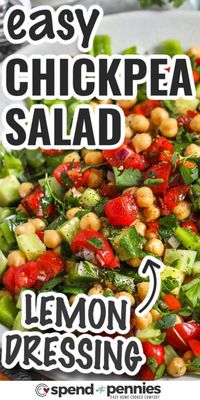 Chickpea Salad is a delicious and fresh summer salad! Chickpeas, juicy tomatoes, refreshing cucumbers, and creamy avocados are all tossed in an easy homemade lemon dressing. #spendwithpennies #chickpea #chickpeasalad #saladrecipe