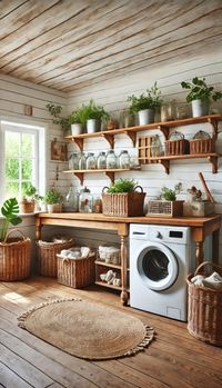 Want to add rustic charm to your home? Check out these farm decor ideas that bring warmth and style to any room. --- A farmhouse-style laundry room with a wooden countertop, open shelves above filled with glass jars and wicker baskets, and a vintage washing machine. There are potted plants on the windowsill, and the room has white shiplap walls, creating a clean and fresh ambiance.