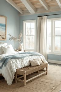 Find solace in the tranquil tides of a light blue boho bedroom haven where soft hues and organic textures create a soothing retreat reminiscent of a day by the ocean. Click the link to discover how to create your own tranquil bohemian haven!