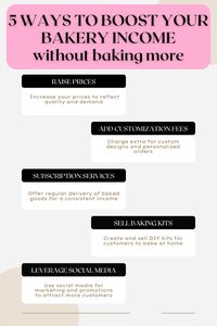 Ready to take your home baking business to the next level? Discover these 5 effective ways to increase your income without baking more! From raising your prices to offering unique customizations, these tips will help you maximize your profits and grow your business. Learn how to create enticing baking kits, implement subscription services, and leverage social media to attract more customers. Click to find out how you can boost your revenue and turn your baking passion into a thriving business! #HomeBaking #BakingBusinessTips #IncreaseIncome #BakingIncomeBoost #HomeBakerSuccess #BakingMarketing #DIYBakingKits #SubscriptionBox #BakingTips
