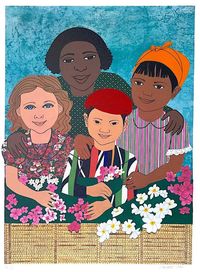 Elizabeth Catlett Portrait Print - Children Flowers Signed Lithograph Collage Multicultural Portrait 1995 Contemporary