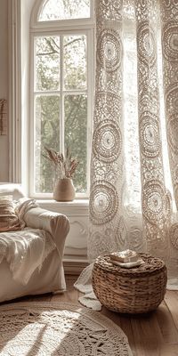 Vintage Thread Crochet Lace Curtains Granny Circle Pattern