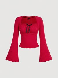 Ladies' Spring/Summer Bow Decorated Square Neck Flare Sleeve Casual T-Shirt Red Casual  Long Sleeve Knitted Fabric Plain  Medium Stretch  Women Clothing, size features are:Bust: ,Length: ,Sleeve Length: