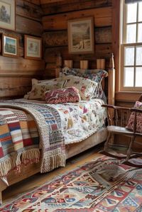 Quilted Comfort in Rustic Boho Style Bedrooms emphasizes the cozy, traditional charm of quilted fabrics. Use handmade quilts as bedcovers, wall hangings, or even drapes to add warmth and pattern. This style blends the homespun appeal of quilting with bohemian decor, creating an inviting bedroom retreat. Click to learn how to integrate Quilted Comfort into your Rustic Boho Style Bedroom.