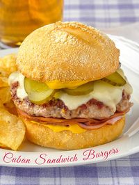 Cuban Sandwich Burger. A simply seasoned ground pork patty combined with deli ham, Swiss cheese and mustard on a crusty burger bun. A quicker way to enjoy the great flavour of a Cuban sandwich. #Cubano #cubansandwich #cuba #grilling