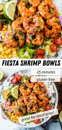 Fiesta lime shrimp bowls are seasoned with bold spices and fresh lime juice and can be on your dinner table in less than 25 minutes. This meal prep friendly recipe is full of fluffy rice and topped with fire roasted corn, fresh herbs and tomatoes and a creamy cilantro sauce.