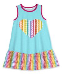 Light Turquoise & Rainbow Heart Stripe Ruffle-Hem Tank Dress - Girls. A ruffled finish adds a fanciful flourish to this twirl-ready dress that's sure to please your young royal with its colorful motif and breezy sleeveless design. Made for Zulily95% polyester / 5% spandexMachine washImportedShipping note: This item is made to order. Allow extra time for your special find to ship.