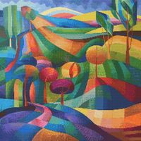 Bright Cubist Landscape 4 cross-stitch pattern digital download, printable PDF (colored and uncolored versions), 250 x 250, complete with list of needed cross-stitch floss/thread.